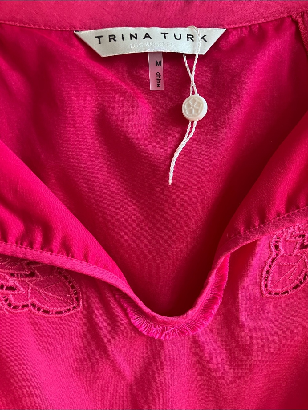 Trina Turk Ojai Lace Embroidered Top Size M Hot Pink 100% Cotton Peasant Blouse - Picture 3 of 13